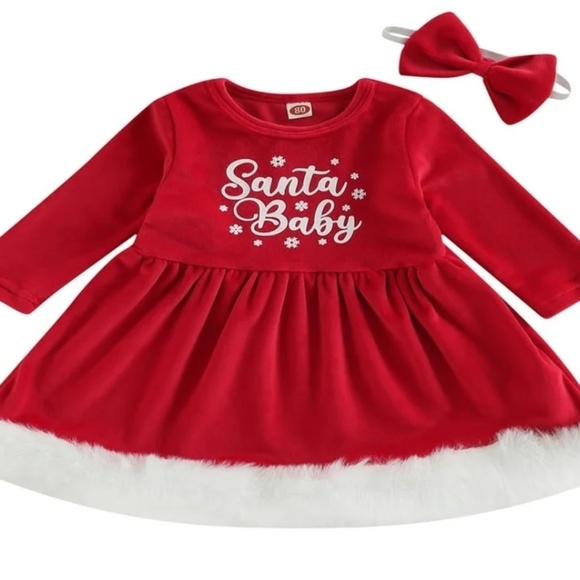 NWT Kids Red Santa Baby Dress with Headband - Picture 1 of 6